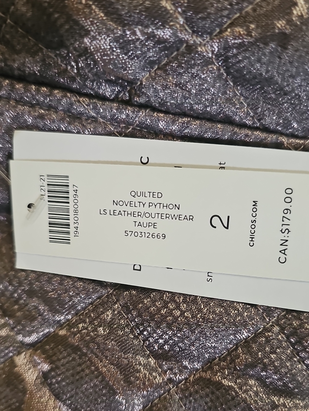NWT Chico's Women's Quilted Metallic Python Snake Print Jacket - Picture 6 of 13